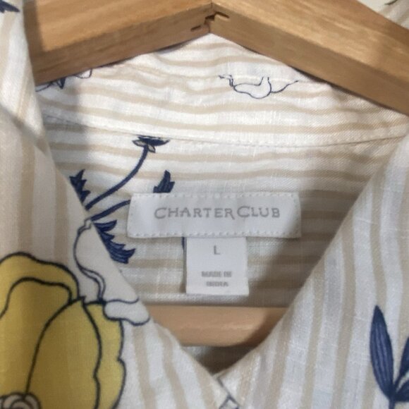 Charter Club Blue Yellow Floral Linen Button Down Shirt Size L Lagenlook Cottage - Picture 6 of 10